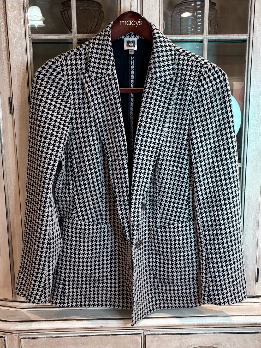 Anne Klein Black & Tan Houndstooth Tailored Blazer with Dramatic Buttons